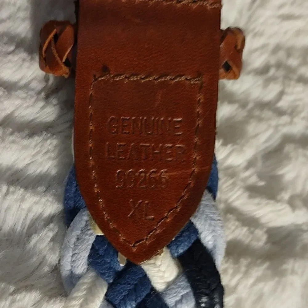 Blue & White Braided Belt With Leather Trim